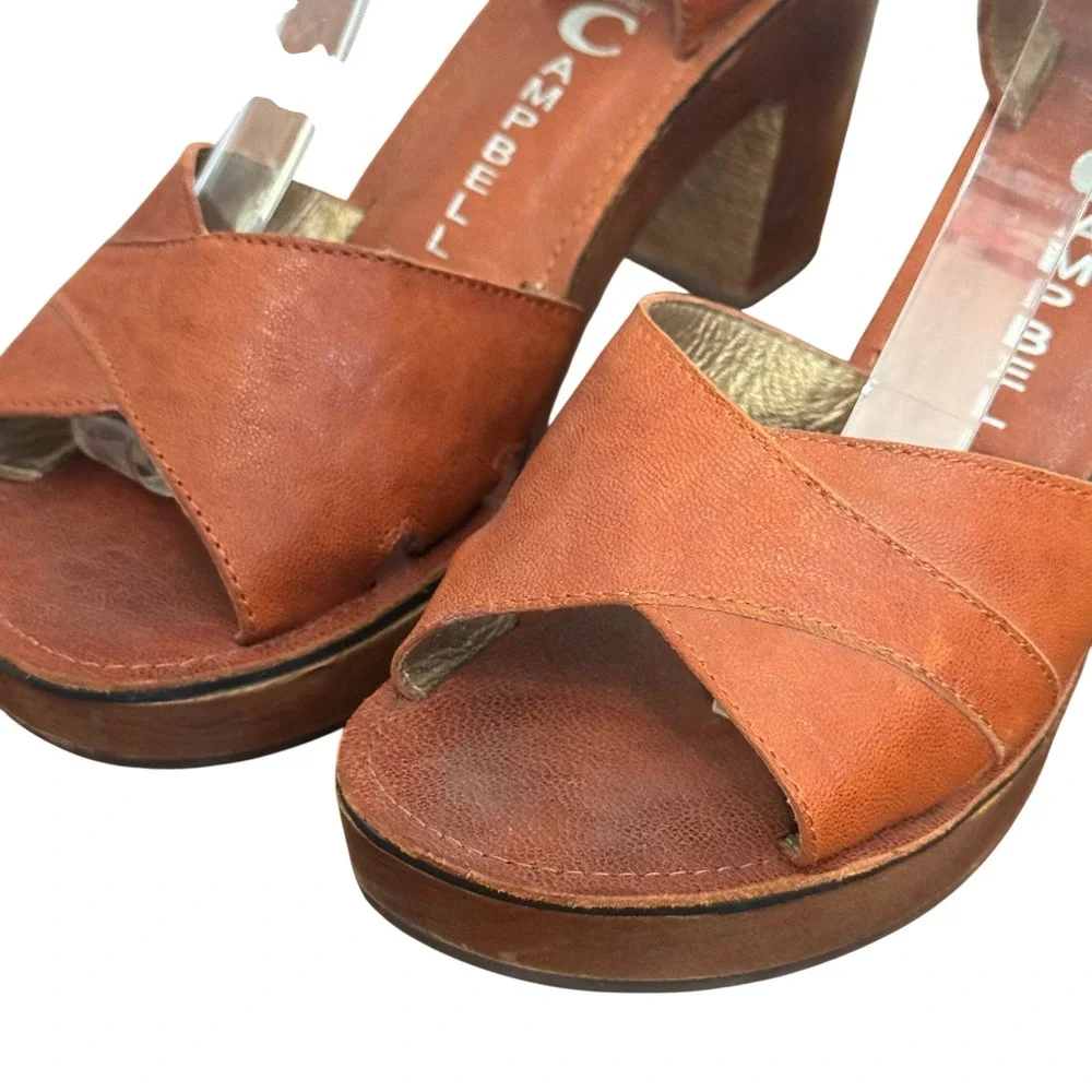 Jeffrey Campbell Sandals Sz 7 Platform Wood Block Heel Retro 70's Cognac Tan